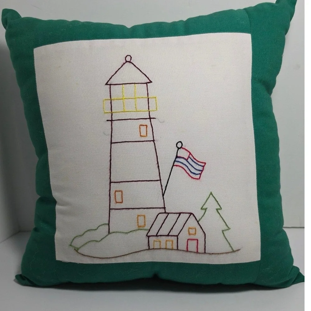 Double sided Hand Embroidered Lighthouse Nautical Throw Pillow Green 11